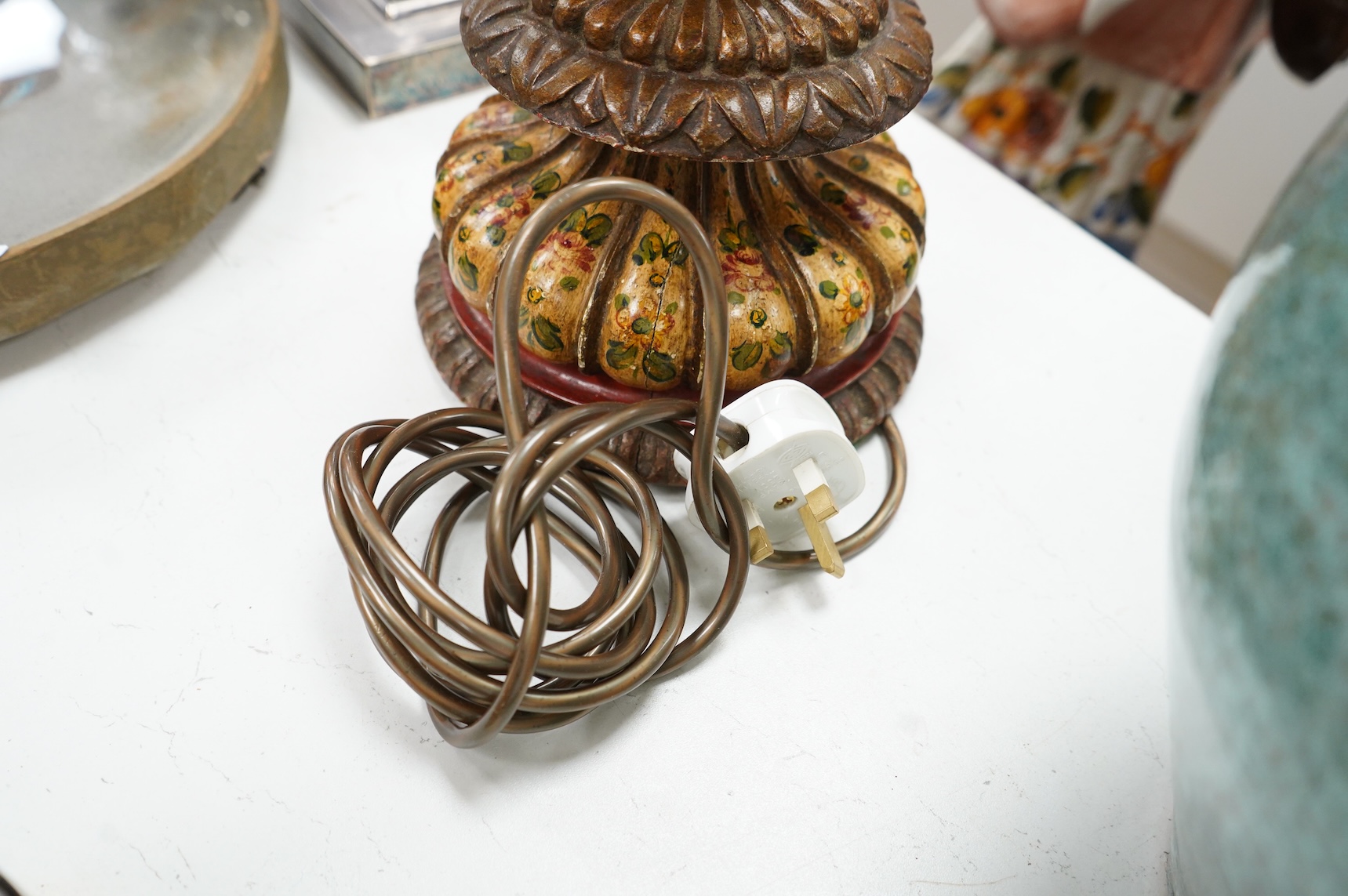 A Kashmiri painted wood lamp and brass bound oak barrel, largest overall 45cm high